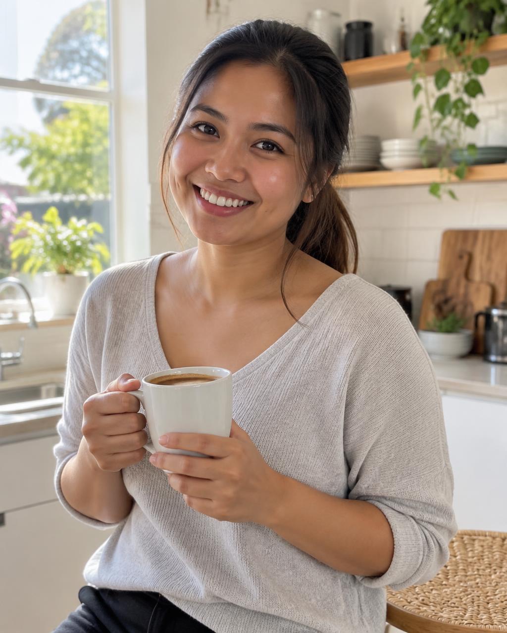 Vyra Bangayan smiling in her kitchen holding a mug of coffee